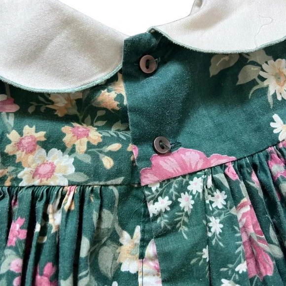 Vintage Peaches ‘n Cream Baby Dress – Forest Green Floral, Rose Bib, Size 12M - Picture 6 of 8